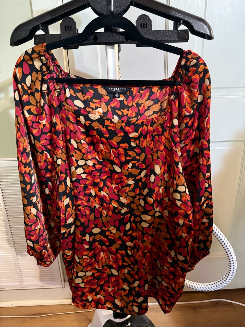 Liverpool Multi-Leaf Print Square Neck Blouse in Black, Red, Pink, Tan. Size 3x